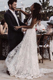 Sexy Beach Ivory Lace Wedding Dress With Slit Backless Boho Bridal Dress OKW55