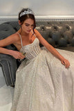 Glitter Wedding Dress A-line Shiny Tulle Straps Beaded Long Tail Bride Gown OKW49