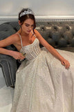 Sparkly Wedding Dress A Line Shiny Tulle Straps Beaded Long Tail Bride Gowns OKW49