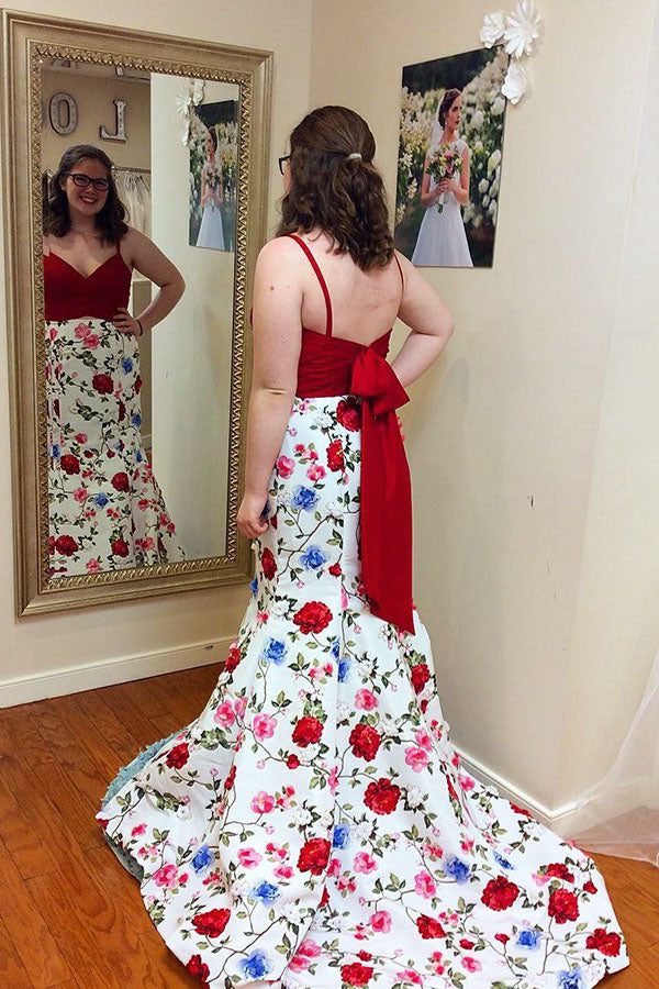 Mermaid Spaghetti Straps Floral Print Red Top Prom Dress OKI84