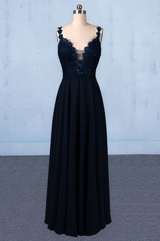 Navy Blue Chiffon V Neck A Line Long Prom Dress With Lace Top OKQ21