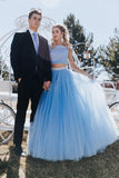 Stunning A Line Off the Shoulder Two Piece Sky Blue Tulle Prom Dress OKH72