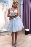 Light Blue Sweetheart Straps Appliques Tulle Short Homecoming Dresses OKB55