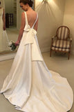 Cheapest Boho A-line Jewel Backless Wedding Dress Chapel Train Satin Bridal Dress OKX6