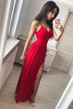 New Sexy Red Side Slit Spaghetti Straps Long Evening Prom Dresses OKD77